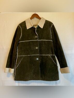 WINLIT‎ Suede Leather Faux Shearling Sherpa Lined Size L Boho Coat Olive #752